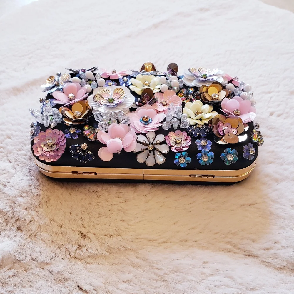 Women's Evening Bag Flower Party Prom Clutch Purse Floral Bride Black Handbag